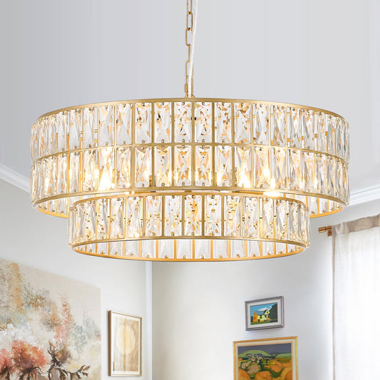 CATINER 24'' Modern Crystal Chandelier 8-Lights Luxury Gold Semi Flush Mount Ceiling Light Fixtures Round Crystal Pendant Chandelier for Living Room Dining Room Foyer Bedroom Kitchen