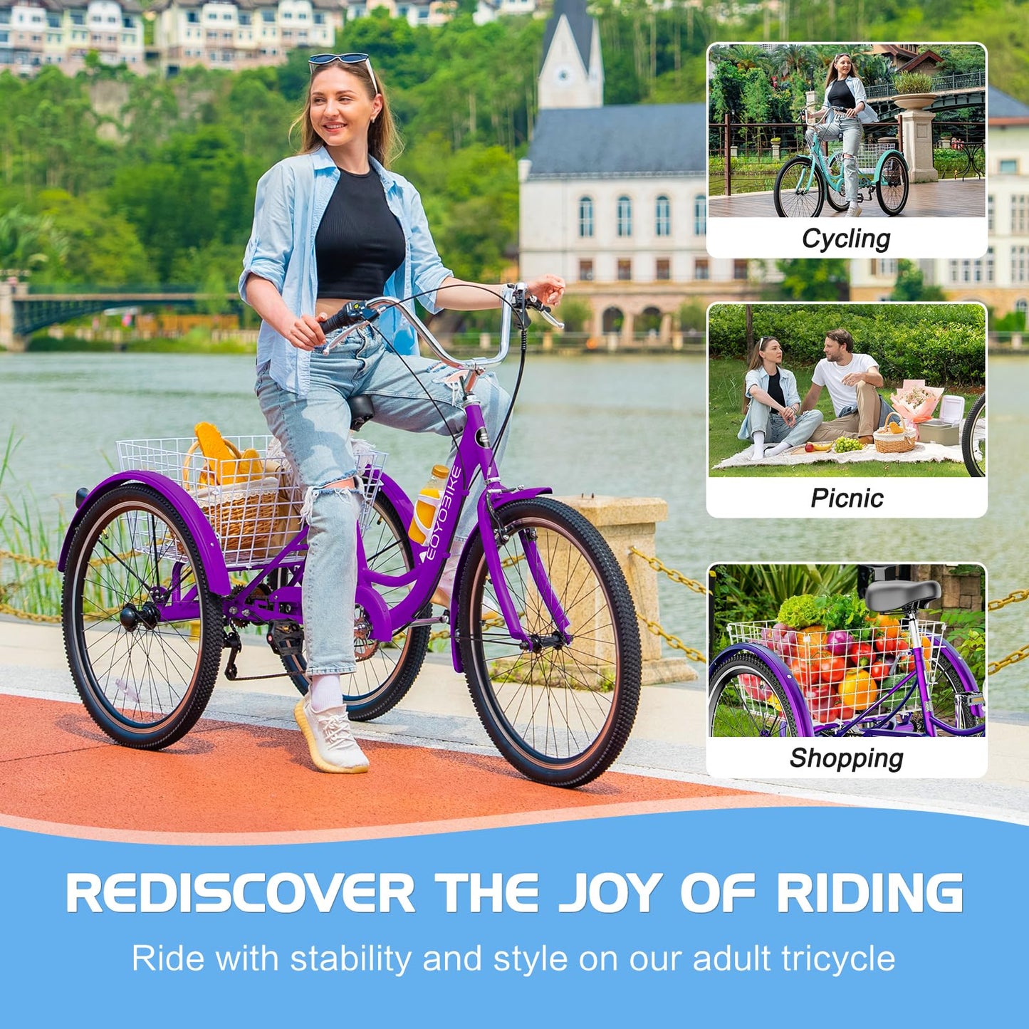 EOYOBIKE Adult Tricycle 3-Wheel Cruiser Bike, Low Step-Through, Heavy-Duty Comfort Trike with Adjustable Handlebar & Spring Saddle, Large Rear Basket, for Seniors & Adults (Orchid Rose, 24" Tire)