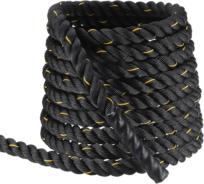 MECCANIXITY Battle Rope 40ft x 1.5 Inch Polyester Workout Rope Heavy Fitness Exercise Rope for Strength Training Home Gym Muscle Building, Black Yellow