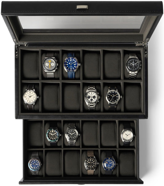 TAWBURY Watch Box for Men - Extra Large 24 Slot Watch Case with Real Glass Display, Removable Drawer and 2-inch Wide Pillows for Large Watches (Black/Charcoal)