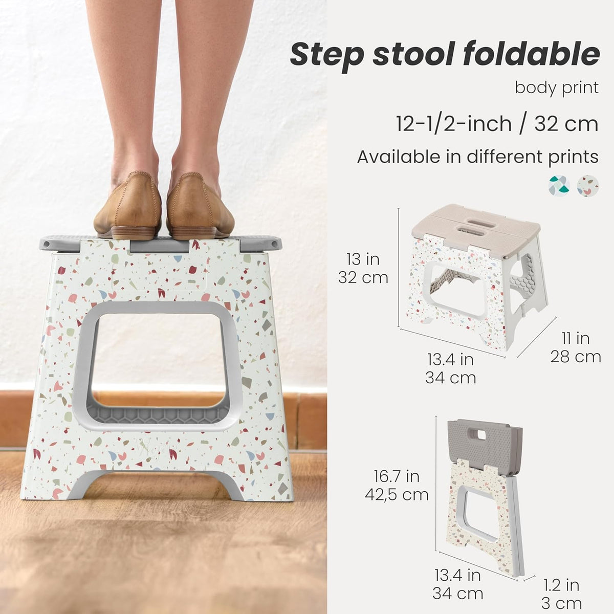 Vigar Foldable Step Stool - Lightweight Non-Slip Design for Adults | 12.5-Inch Grey Terrazzo Pattern, Supports 330 lbs