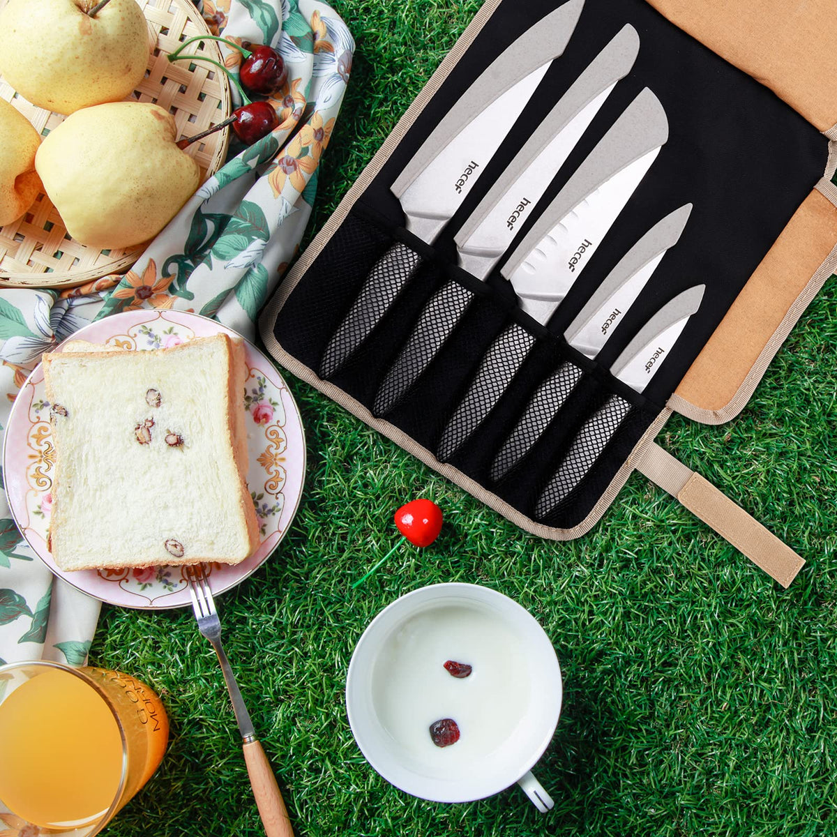 hecef Vintage Style Kitchen Knife Sets,Scratch Resistant Camping Matte Knives with 5 Slots Recycled Oxford Cloth Knife Roll Bag & Covers,Stonewashed High Carbon Stainless Steel Blades & Hollow Handle