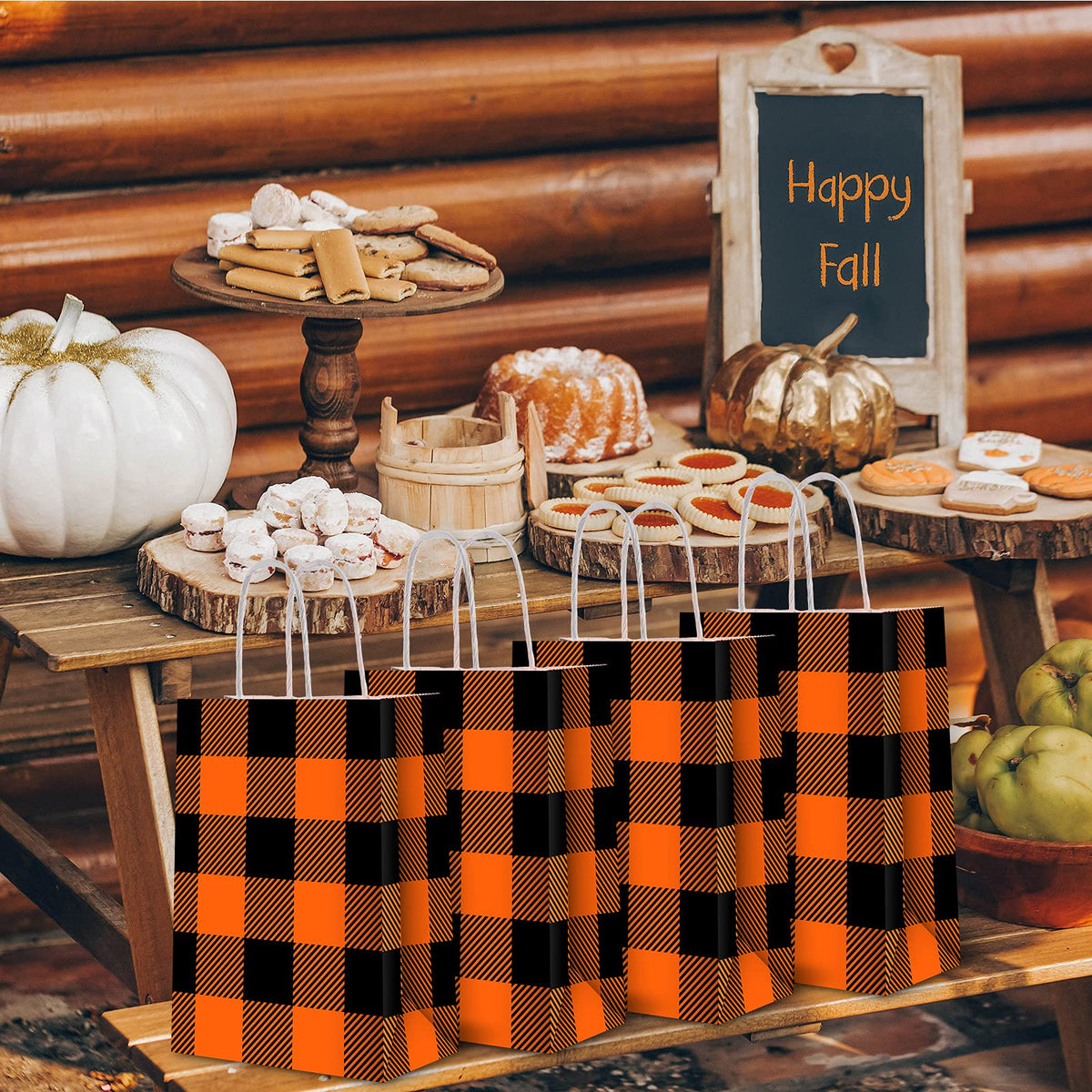 Whaline 20 Pieces Thanksgiving Fall Halloween Paper Bags Orange Black Buffalo Plaid Kraft Party Bags with Handle Party Favor Gift Bag Candy Treat Bag for Autumn Thanksgiving Halloween Wedding