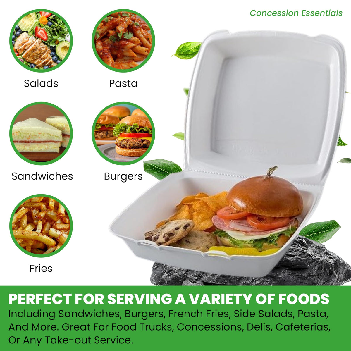 Concession Essentials Pack of 30CT Choice Large 9 x 9 x 3.5 Inch Foam 1-Compartment Containers, White, Hinged, with Optional Venting, Polystyrene, 9"L x 9"W x 3.5"H