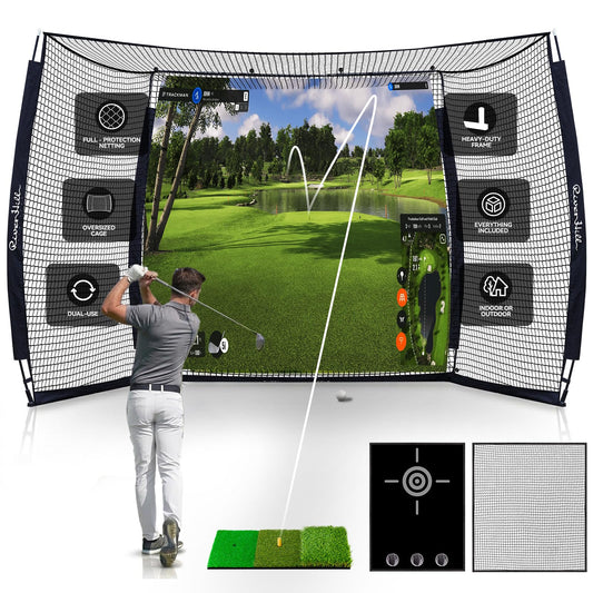 Golf Cage with Impact Screen, 10x8 Ft Golf Hitting Net w/Sound-Dampening Cloth, Practice Mat, Golf Simulator Enclosure, Indoor & Outdoor Driving Chipping Equipment for Home, Backyard & Garage