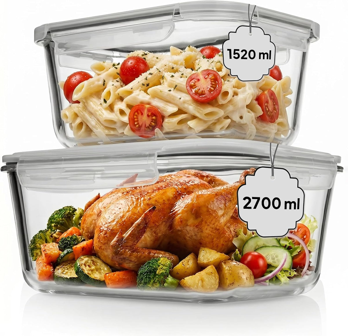 Razab Airtight Large Glass Food Storage Containers - BPA Free, Leak Proof | 4 Pc Set (2700ML & 1520ML)