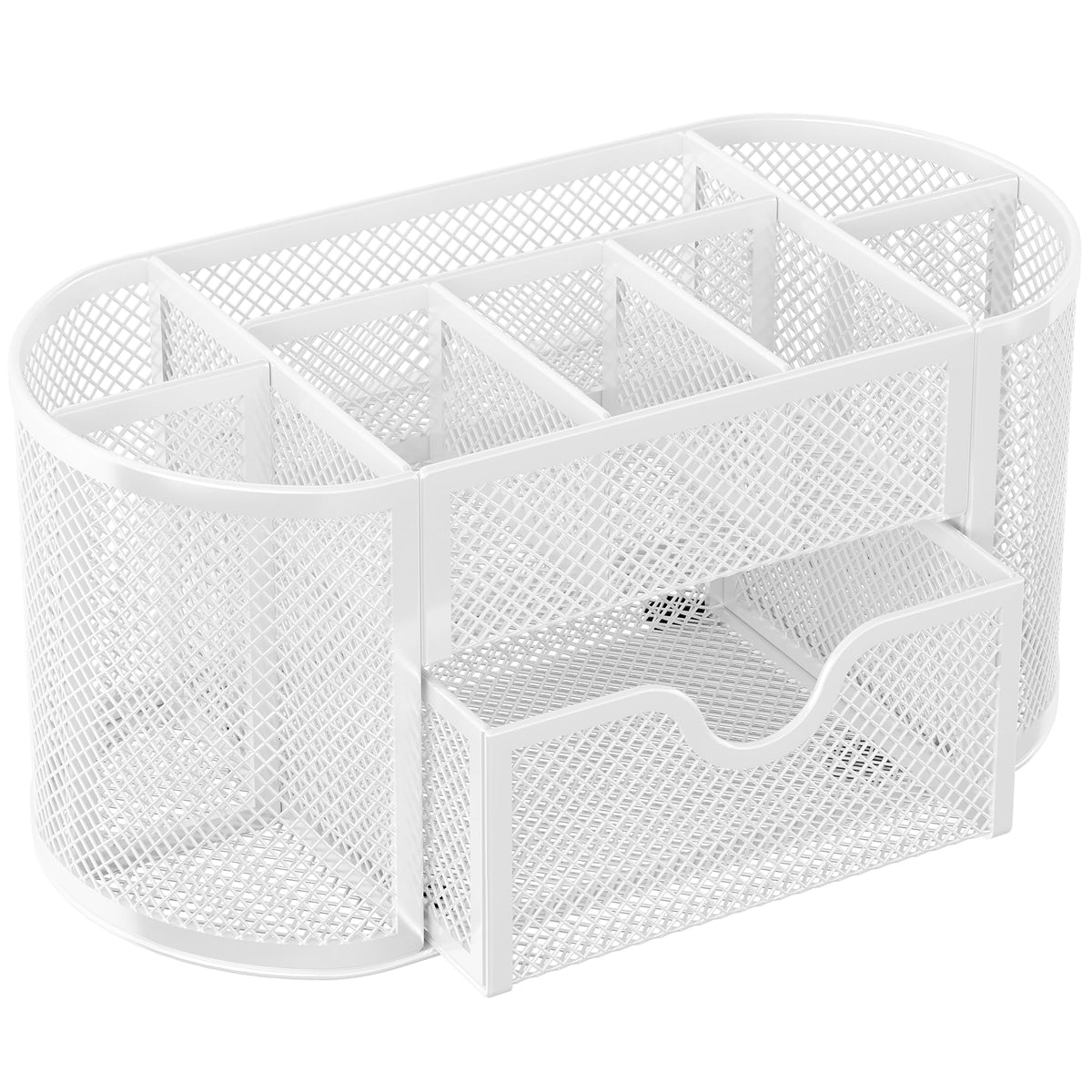 EasyPAG Mesh Pen Holder Desk Organizer with Drawer Stationery Supplies Organizer for Dorm School 9 Compartments Workspace Desk Accessories Organization for Office, White