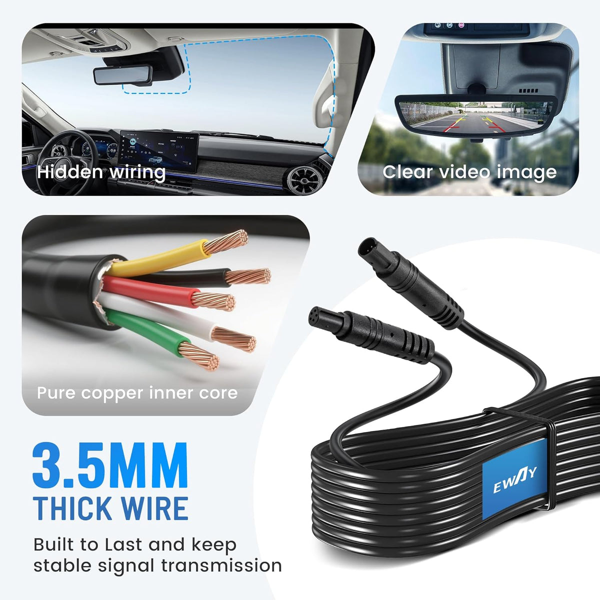 EWAY 5 10ft, 5Pin 10 Feet/3M Pin Dash Cam Extension Cable for Car SUV Truck Trailer RV Mirror Dashcam Rear View Backup