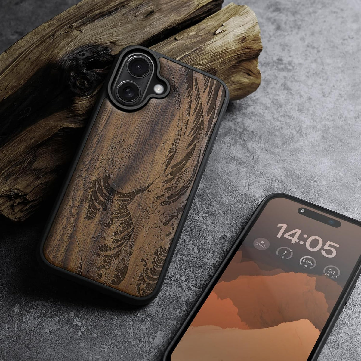 Carveit 16 Magnetic Wooden Case for iPhone Case, Wood Artisan Engraved & Black Soft TPU Shockproof Cover, Compatible