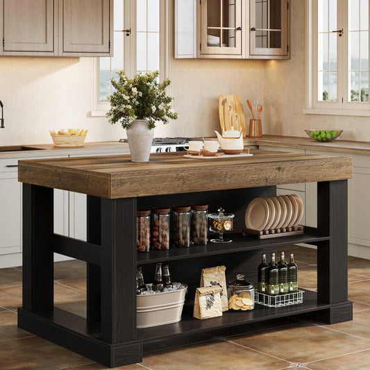 Tribesigns Kitchen Island with 3 Shelves, 55 Inches Width Kitchen Shelf with Large Worktop, Stable Wooden Structure, Farmhouse Style, Easy to Assemble, Black and Brown