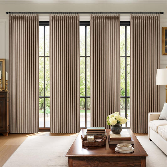 MIULEE Pinch Pleated 100% Blackout Curtains 108 Inch Long 4 Panel Set for Bedroom Thick Linen Memory Trained Pleat Living Room Darkening Back Tab Double Layer Thermal Insulated Drapes, Linen