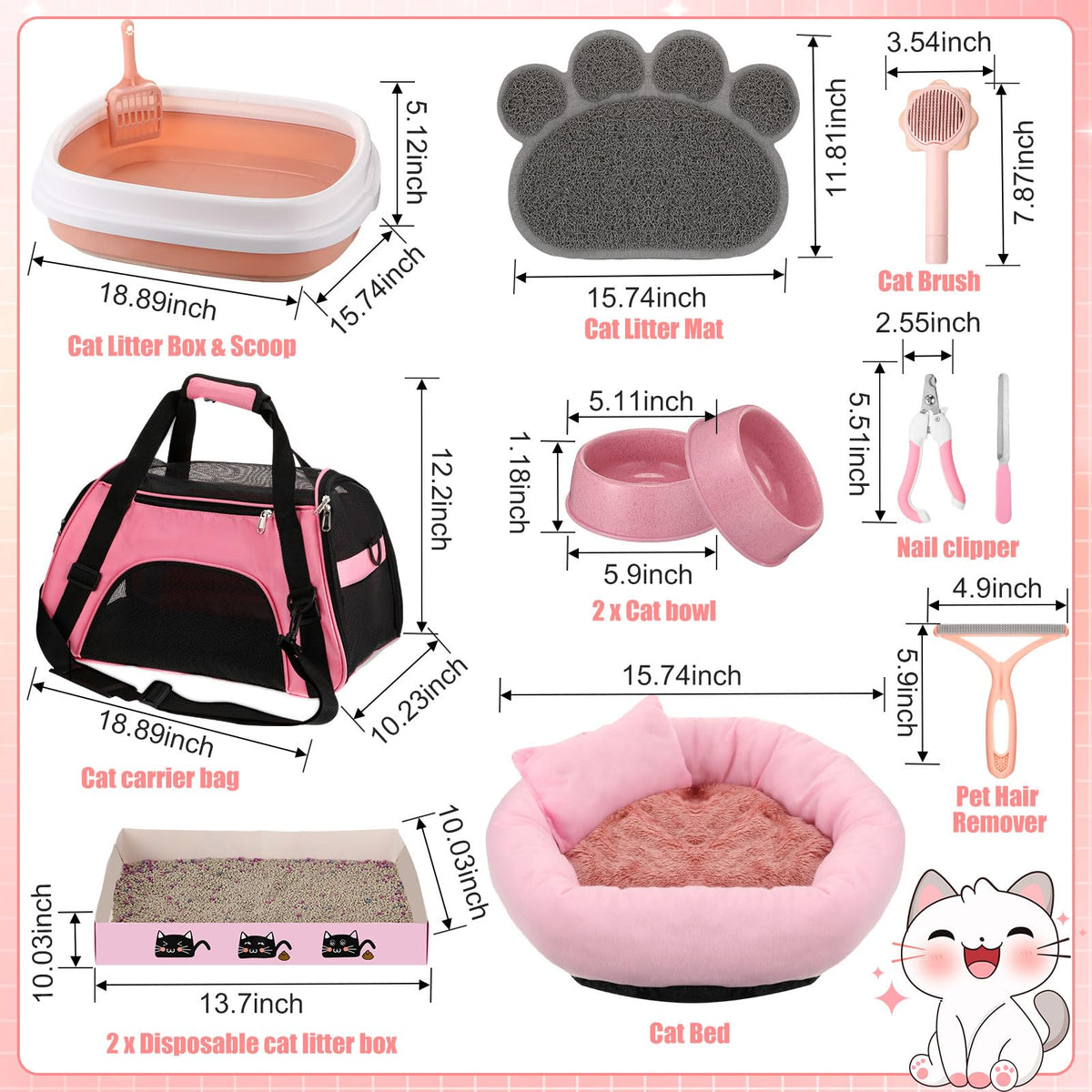 40 Pcs Kitten Starter Kit for Indoor Cats Include Litter Box, Carrier, Cat Bed, Climbing Post, Scratch Pad, Hammock, Feed Bowls, Mat, Collars, Nail File and More for Kitten Supplies Welcome Gift(Pink)