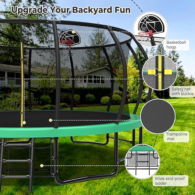 12 14 15 16FT Outdoor Trampolines for Kids and Adults, Pumpkin Trampolin with Curved Poles, Recreational Trampolin with Basketball Hoop and Safety Enclosure Net for Kids and Adults