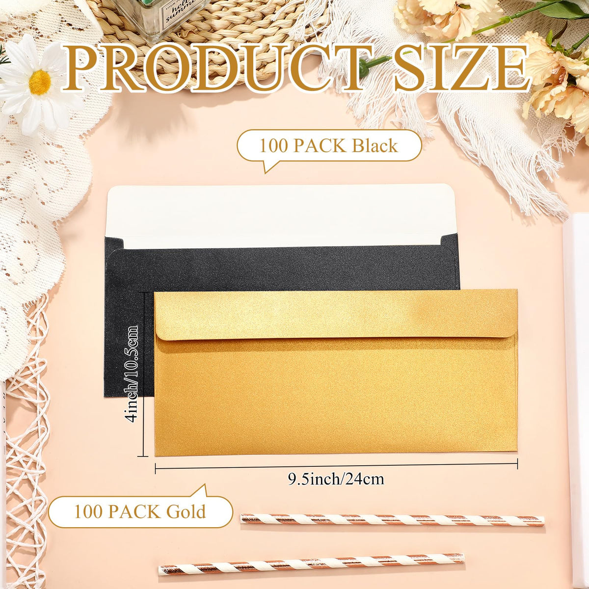 TaoBary 200 Pcs #10 Gold Black Envelopes Business Envelopes Letter Size 4-1/8 x 9-1/2 Inch Self Adhesive for Office Check Letter Mailing Invoices New Year Valentine Wedding Graduation Party Supplies