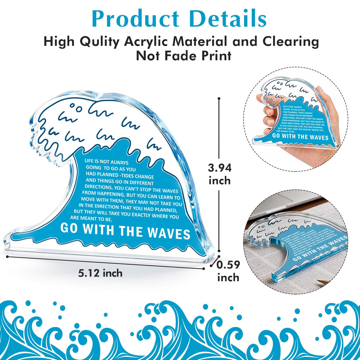 Inspirational Gifts for Women Men,Easter Basket Stuffers Coworker Leaving Retirement Farewell New Job Graduation Gifts for Her Him,Anxiety Relief Item Acrylic Office Desk Decor Ocean Wave Plaque Sign