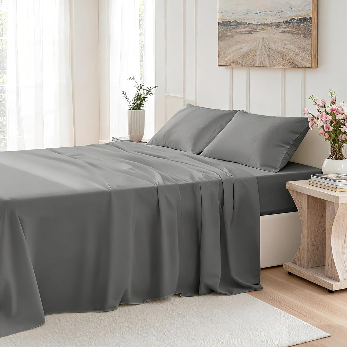 Regine Switzerland Queen Size 4-Piece Sheet Set - Comfy, Breathable, Cooling Bed Sheets - Dark Grey
