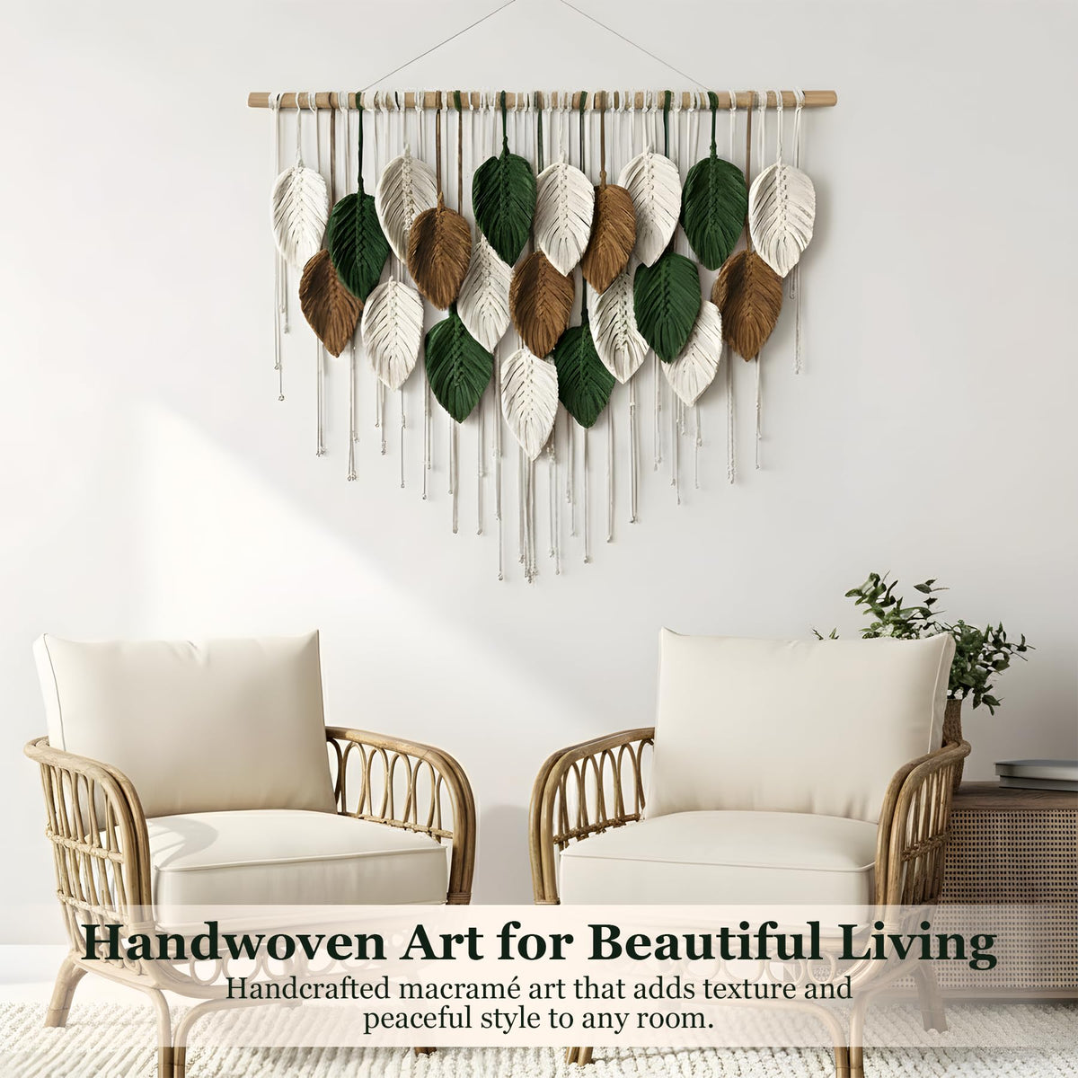 KORSIV Large Macrame Wall Hanging Boho Woven Tapestry, Modern Bohemian Handmade Leaf Feather Wall Art Decorations for Apartment Dorm Living Room Bedroom Nursery Backdrop, Chic Home Decor