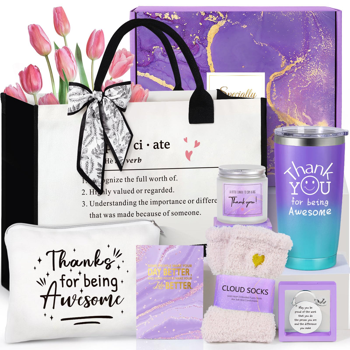 Suhctuptx Thank You Gifts for Women, Employee Appreciation Gift, Appreciation Basket for Coworkers Teachers Employees, Gratitude Box with Canvas Tote Bag Thank You for Being Awesome Tumbler Purple
