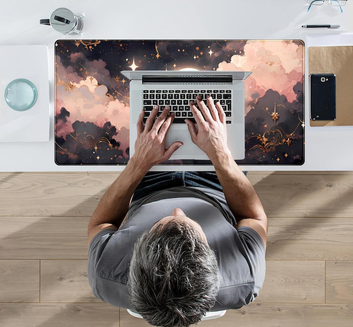 Pink Black Clouds Desk Mat XXL Large Extended Gaming Mouse Pad Celestial Mousepad with Stitched Edges, Office Desktop Decor Desk Pad Computer Mat, Laptop Keyboard and Mouse Mat, 31.5x15.75 in