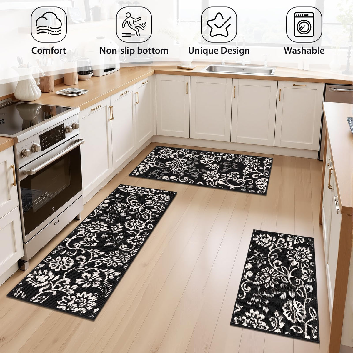 LOKHOM Boho Kitchen Rugs Sets of 3-Non Slip Stain Resistant Kitchen Mats for Floor, Paisley Floral Runner Carpet for Hallways Entryway Laundry Washable (Black & White 20"x32"+20"x48"+20"x59")