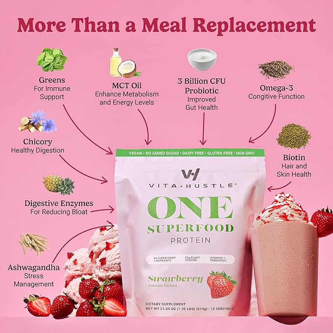 VitaHustle ONE Meal Replacement Shake - Plant Based Protein Powder by Kevin Hart - Vegan, Meal Replacement Powder with Superfoods, Vitamins, Adaptogens & Probiotics -Strawberry Flavor, 15 Servings