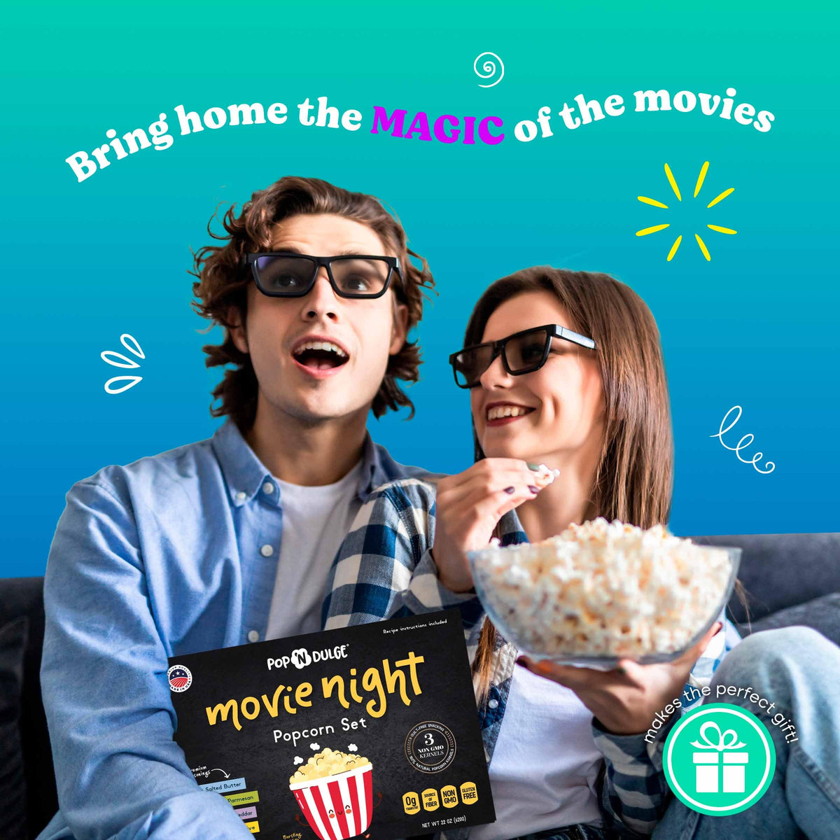 Pop n' Dulge Popcorn Movie Night Supplies 16 pcs Gift Set, 5 Gourmet Popcorn Kernels, 5 Seasoning Variety Packs Non-GMO Kosher Snacks, Great Housewarming Family Date Night Gifts Basket Ideas For Him Her