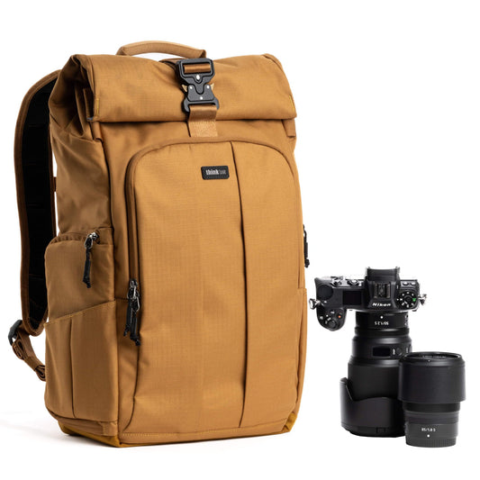Think Tank FocusPoint 30L RollTop Camera Backpack - Golden Hour: Expandable Travel & Camera Backpack with Laptop Sleeve, Quick Side and Back Access, Rain Cover – Versatile Photography & Travel Bag