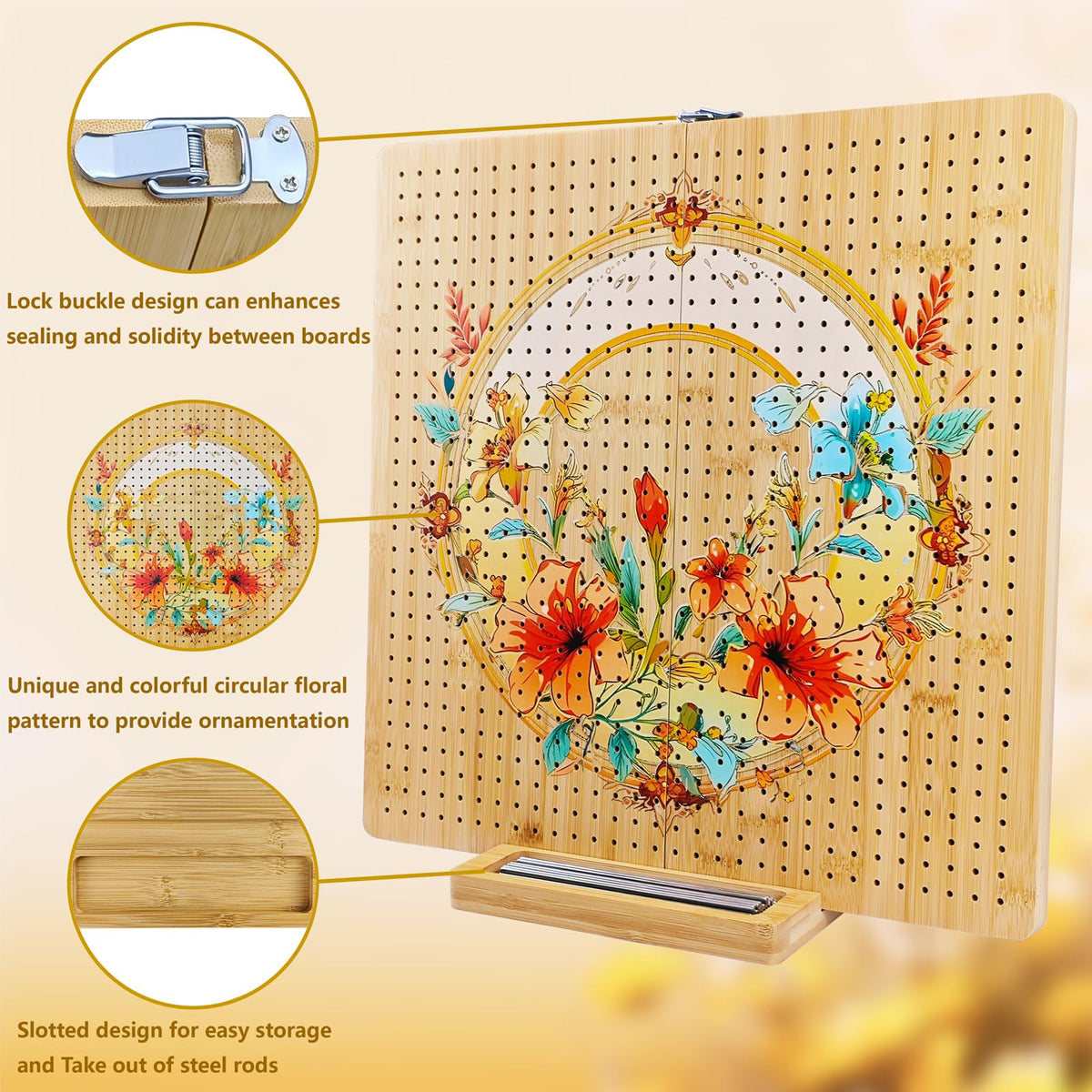 16"x16" Foldable Crochet Blocking Board with 36 Pcs Stainless Steel Rods, Floral Pattern Large Blocking Boards for Crochet Projects, Bamboo Granny Square Blocking Boards Gifts for Crochets Enthusiasts