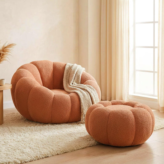 Premium Cloud Velvet Bean Bag Chair Set | 43.3" Ergonomic Pumpkin Lounger & Ottoman for Adults, Thick High-Resilience Foam, No Assembly, Compact for Living Room & Bedroom