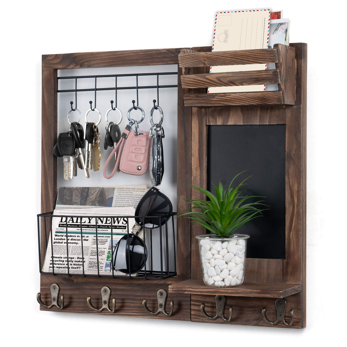 Dhmkfly Key Holder for Wall, Mail Organizer Wall Mount with 5 Hooks and Shelf, Home Decorative with 5 Double Hooks and Chalkboard for Home Coat/Letter/Dog Leash/Entryway/Hallway/Living Room Decor