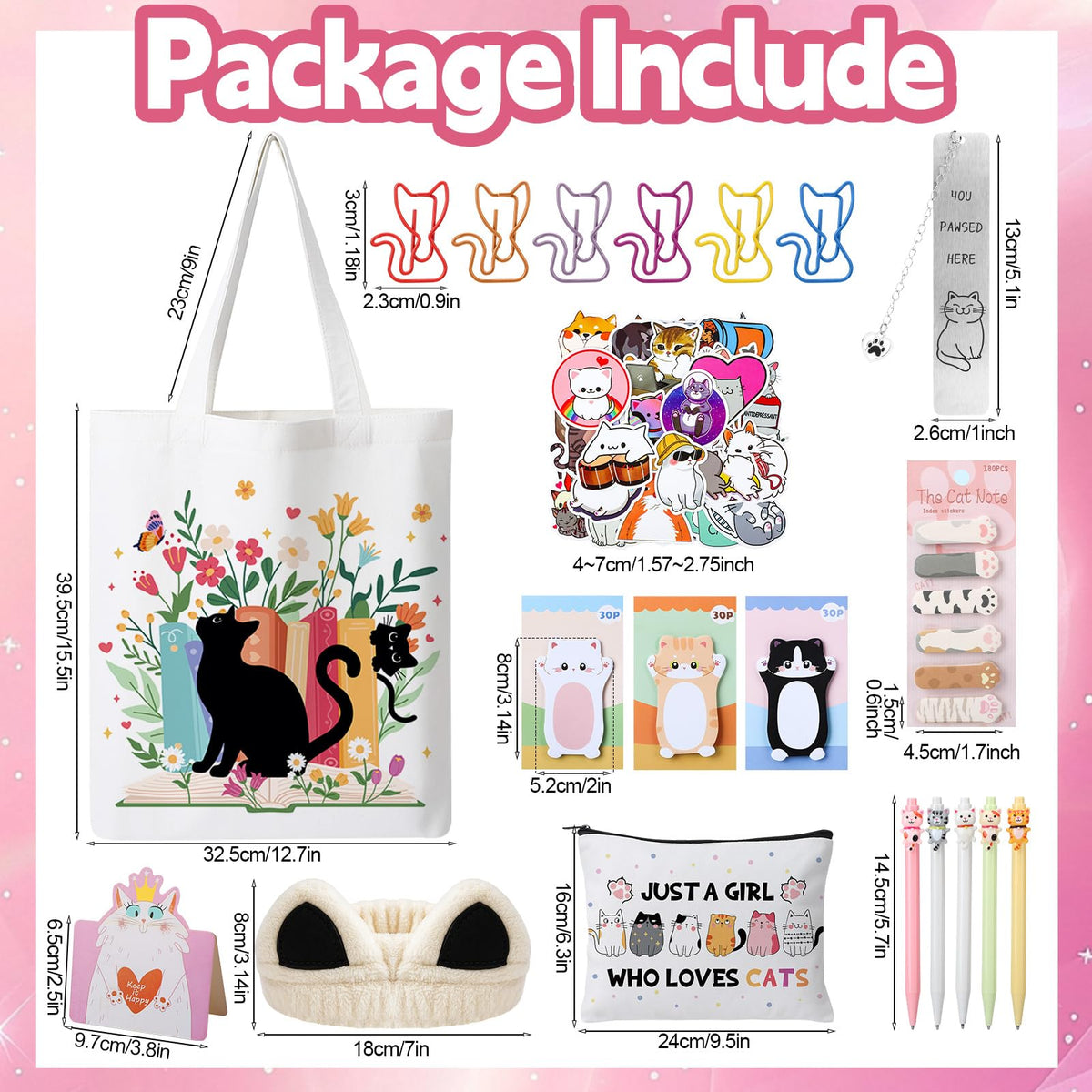 Cat Gifts for Cat Lovers Cat Office Supplies Canvas Tote Bag Spa Headband Cute Sticky Notepad Paper Clips Ballpoint Pen Cartoon Stickers Party Favor for Birthday Festival Gifts
