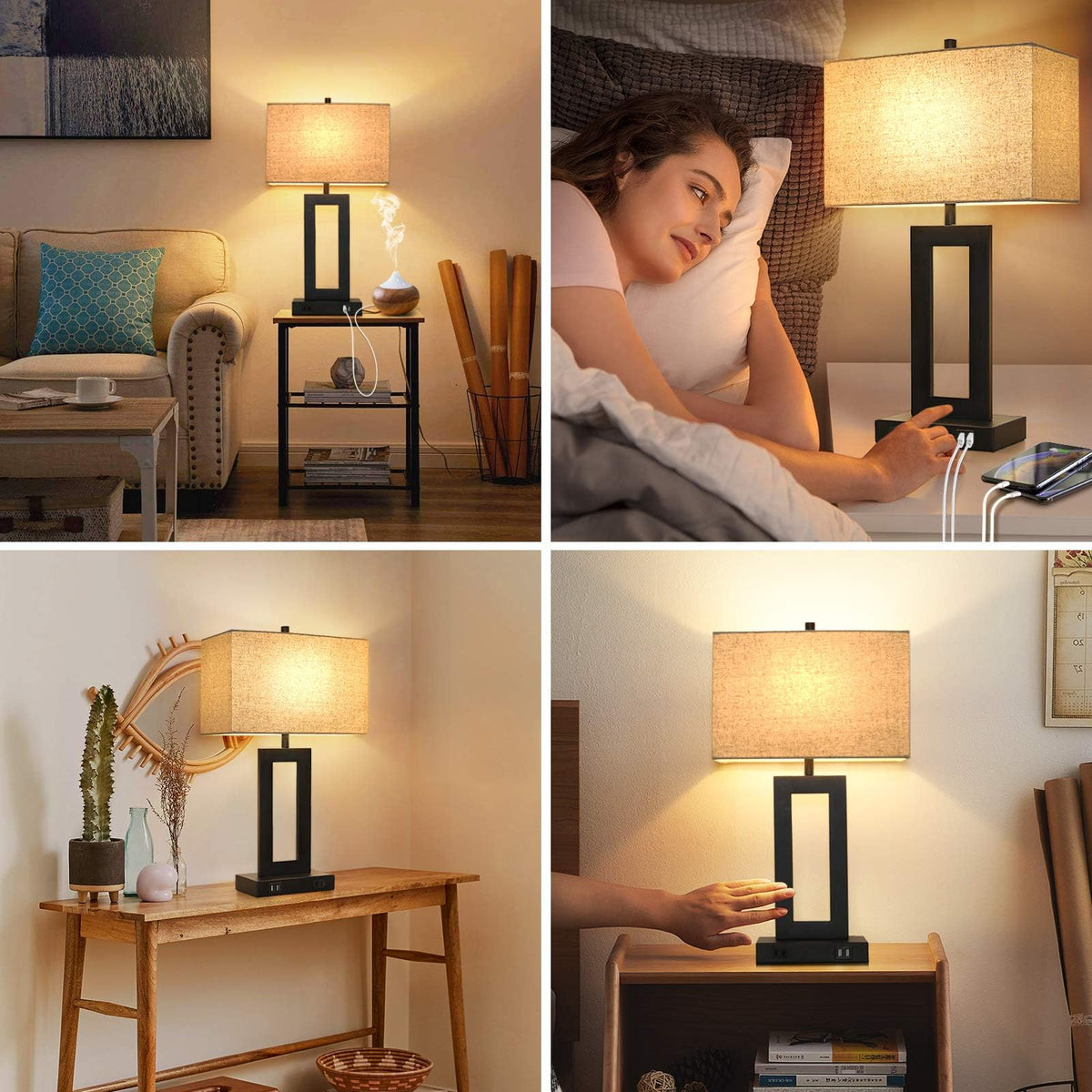 Set of 2 Touch Control Table Lamp with 2 USB Ports, 3-Way Dimmable Modern Nightstand Lamp Sets Bedside Touch Desk Lamp with Fabric Cream Shade For Bedroom Table Living Room Reading, Included Bulbs