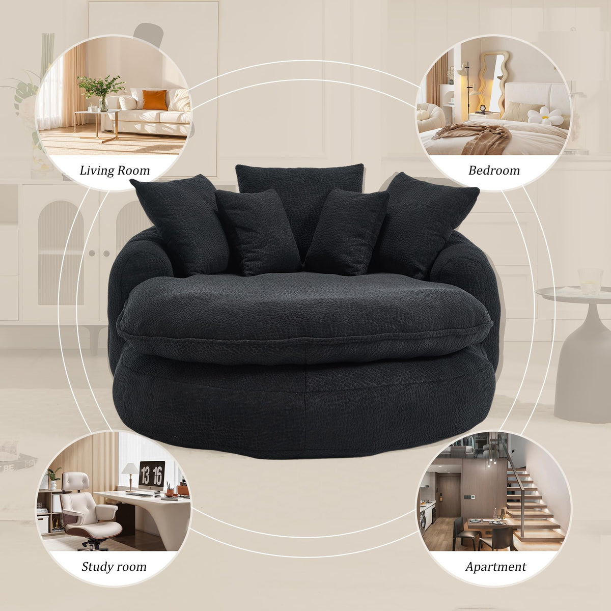 Oversized Oval Bean Bag Sofa, Chenille Fabric Floor Lounger with 5 Pillows and Wrap-Around Backrest for Adults, Large Lazy Sofa for Living Room and Game Room, Black