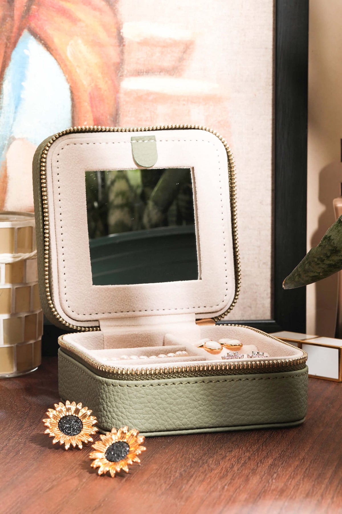 S.Leaf Travel Jewelry Organizer Boxes for Women Small Portable Necklace Earrings Bracelet Rings Travel Case Best Friend Birthday Gifts for Women Trendy (01_Lychee_Sage_Green)