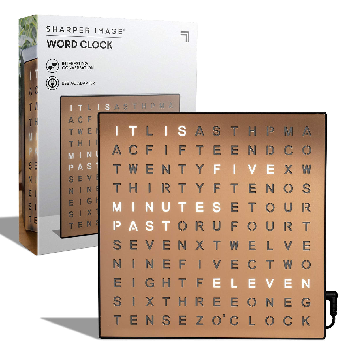 Sharper Image LED Word Digital Clock, 7.75", Copper Finish, Light-Up Desk & Wall Clock, Modern Time Display, Shelf or Wall Decor for Home Office, Living Room, Kitchen & Bedroom, Housewarming Gift