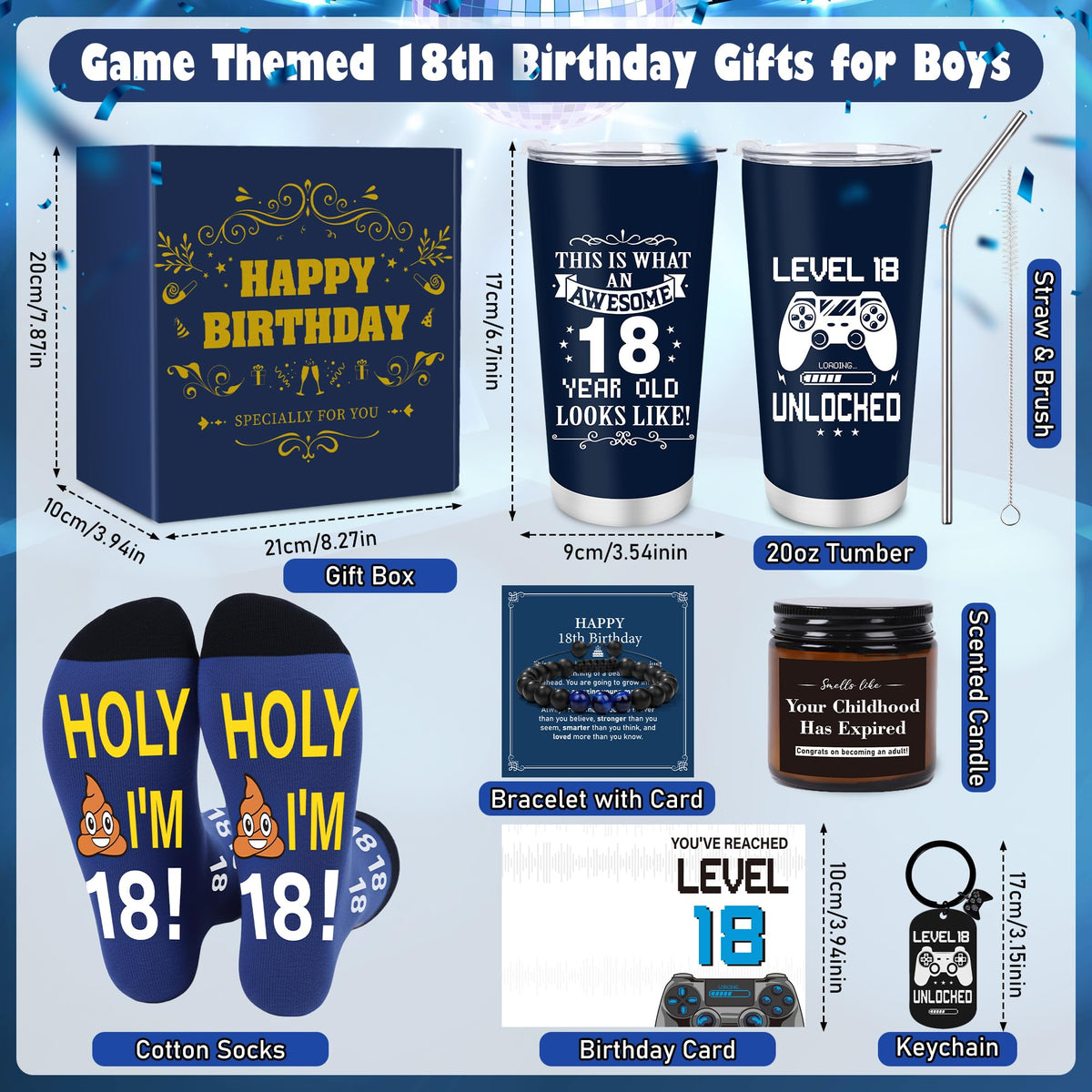 Keluna 18th Birthday Gifts for Boys - 18 Year Old Boy Birthday Gifts Idea with 20 Oz Tumbler, Bracelet, Socks, Keychain, Greeting Card for Son, Nephew, Grandson, Brother, Boyfriend Christmas Holiday