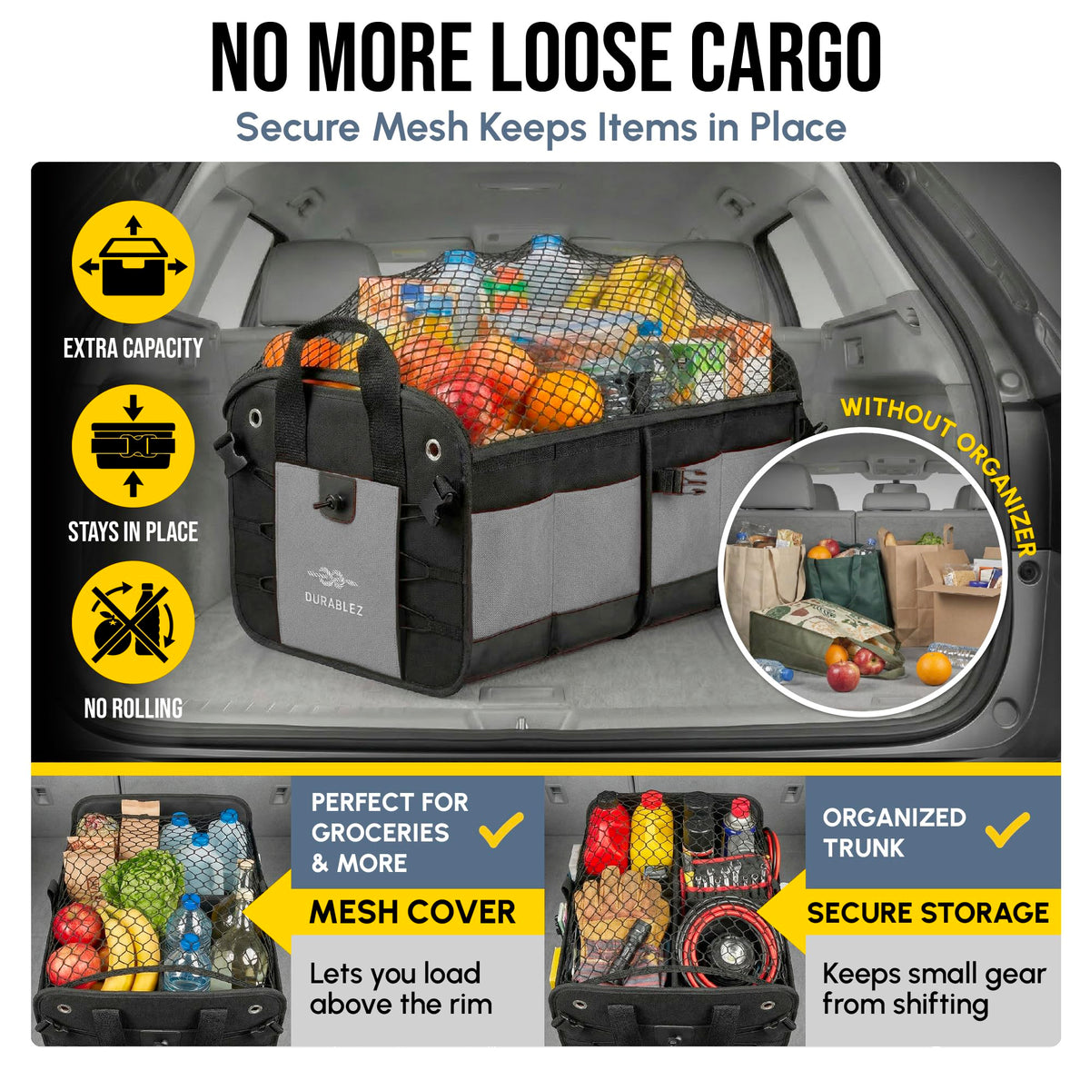 DURABLEZ Modular 4-Section XL Trunk Organizer – Car Storage for Groceries, Tools, Sports Gear, Emergency Kits – Extra Large Multi-Compartment Cargo Box, Collapsible & Heavy Duty – Gray