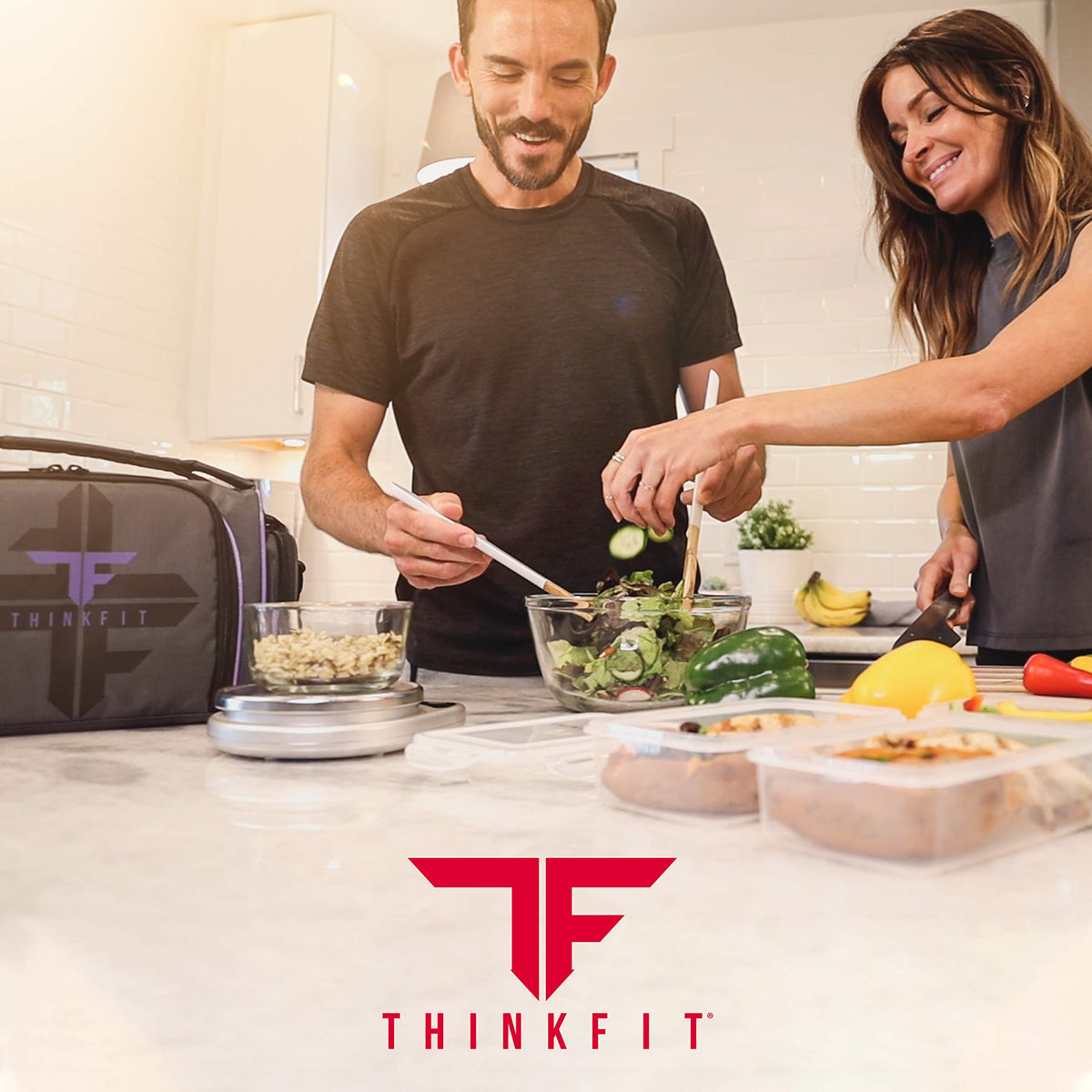 ThinkFit Red Reusable Lunch Bag with 6 Portion Control Containers, 2 XL Ice Packs, Pill Box, and Shoulder Strap - Microwavable and Freezer Safe