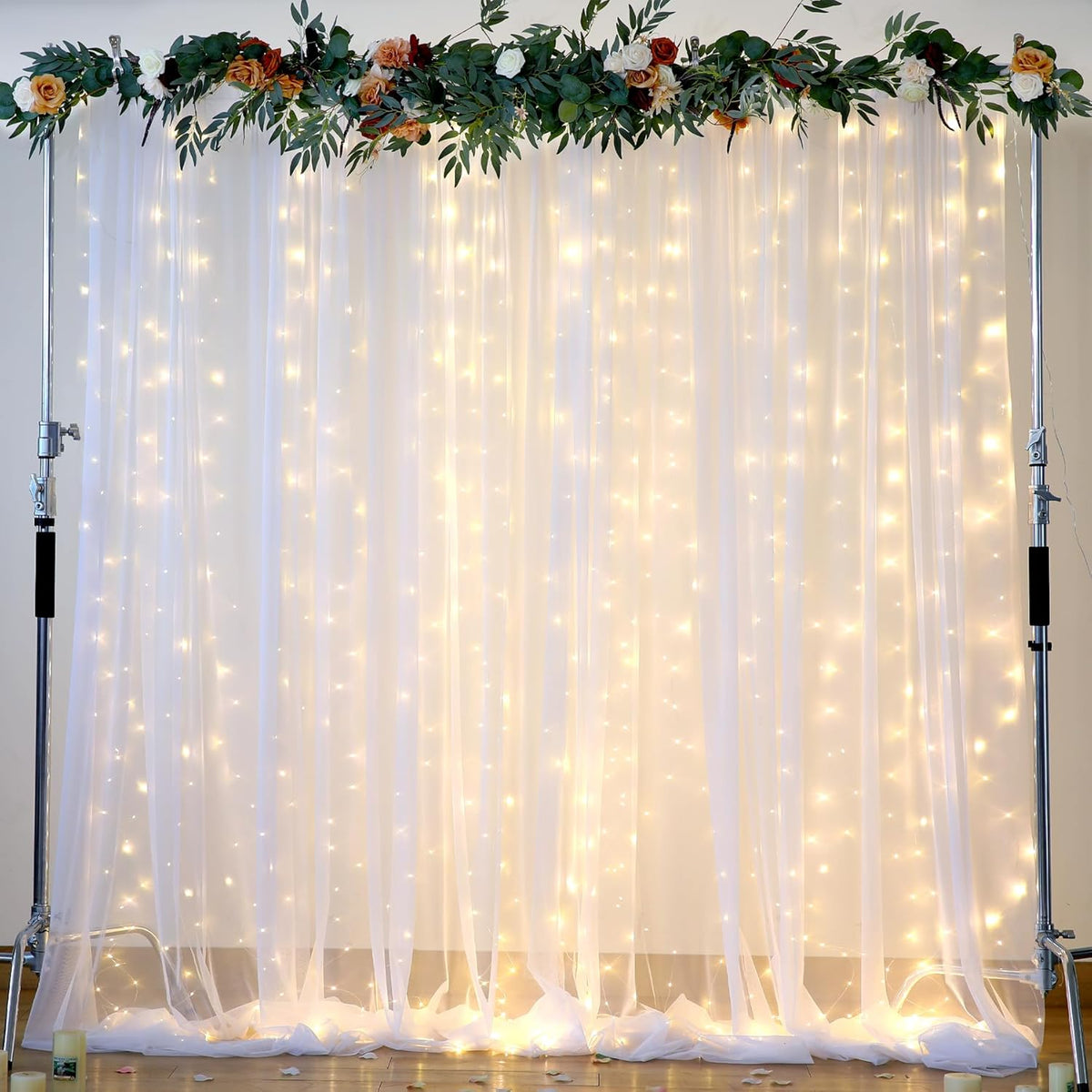 Suppromo 108ft Decorations(2 10ft8ft) White Tulle Backdrop Curtain with Lights String for Parites Sheer Backdrop