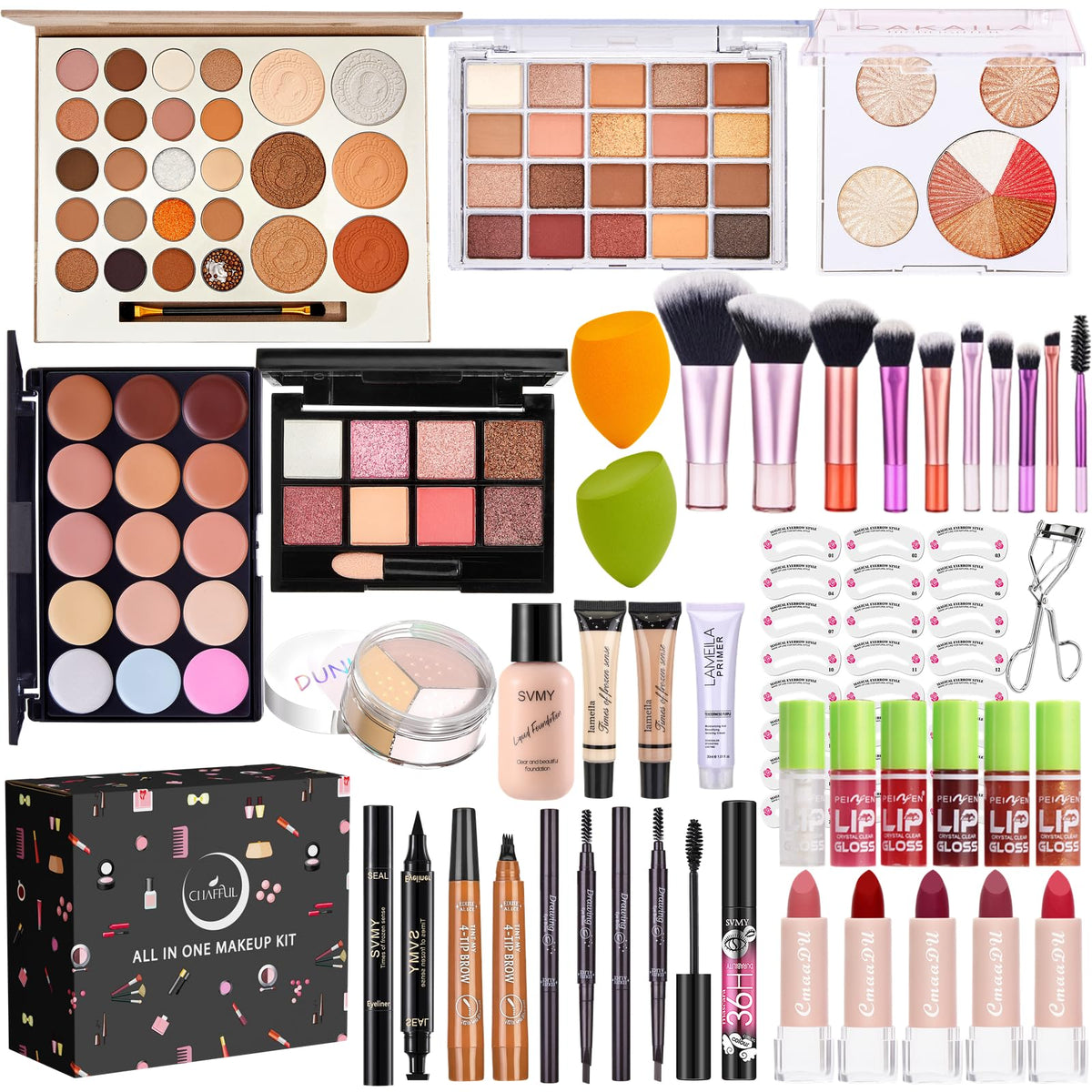 All in One Makeup Kit for Women Full Kit, Make Up Gift Set, Makeup Essential Bundle Includes Foundation Eyeshadow Palette Concealer Lipstick Eyeliner Eyebrow Stencils Mascara Cosmetic Brush Set