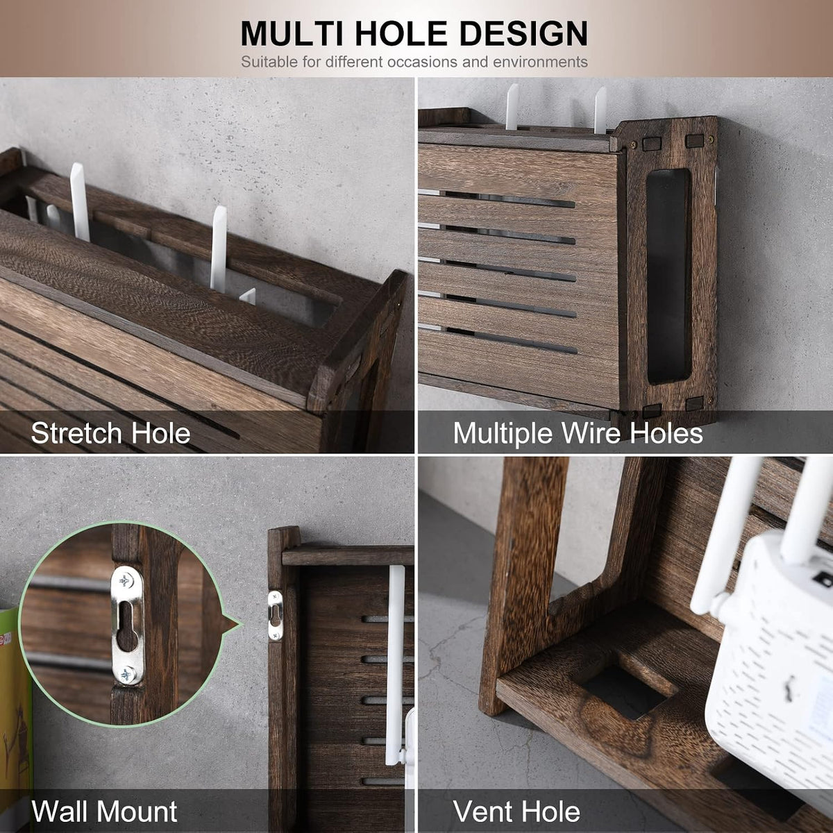 BEARUT 14.9 9.8 5.4 Wooden Router Shelf Wall Mount WiFi Router Storage Box Modem Cable Router Cover Organized Power