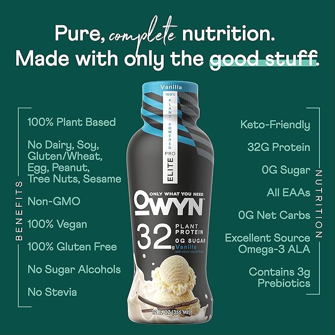 OWYN Only What You Need Pro Elite Vegan Plant Based High Protein Shake, Vanilla, 12 Pack, 32g Protein, Amino Acids, Prebiotics, Omega-3, Workout and Recovery, 0g Net Carbs, Zero Sugar, Keto