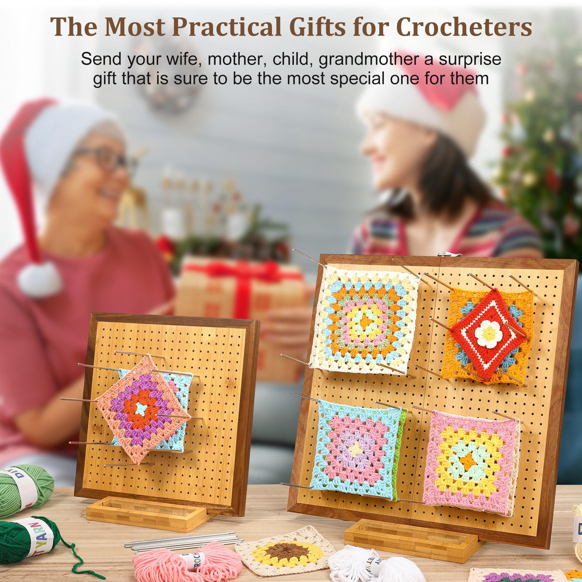 15.5" Foldable Crochet Blocking Board with 35 Stainless Steel Pegs - Upgrade Large Blocking Boards for Crochet Projects, Bamboo Granny Square Crocheting Accessories Gifts for Crocheters