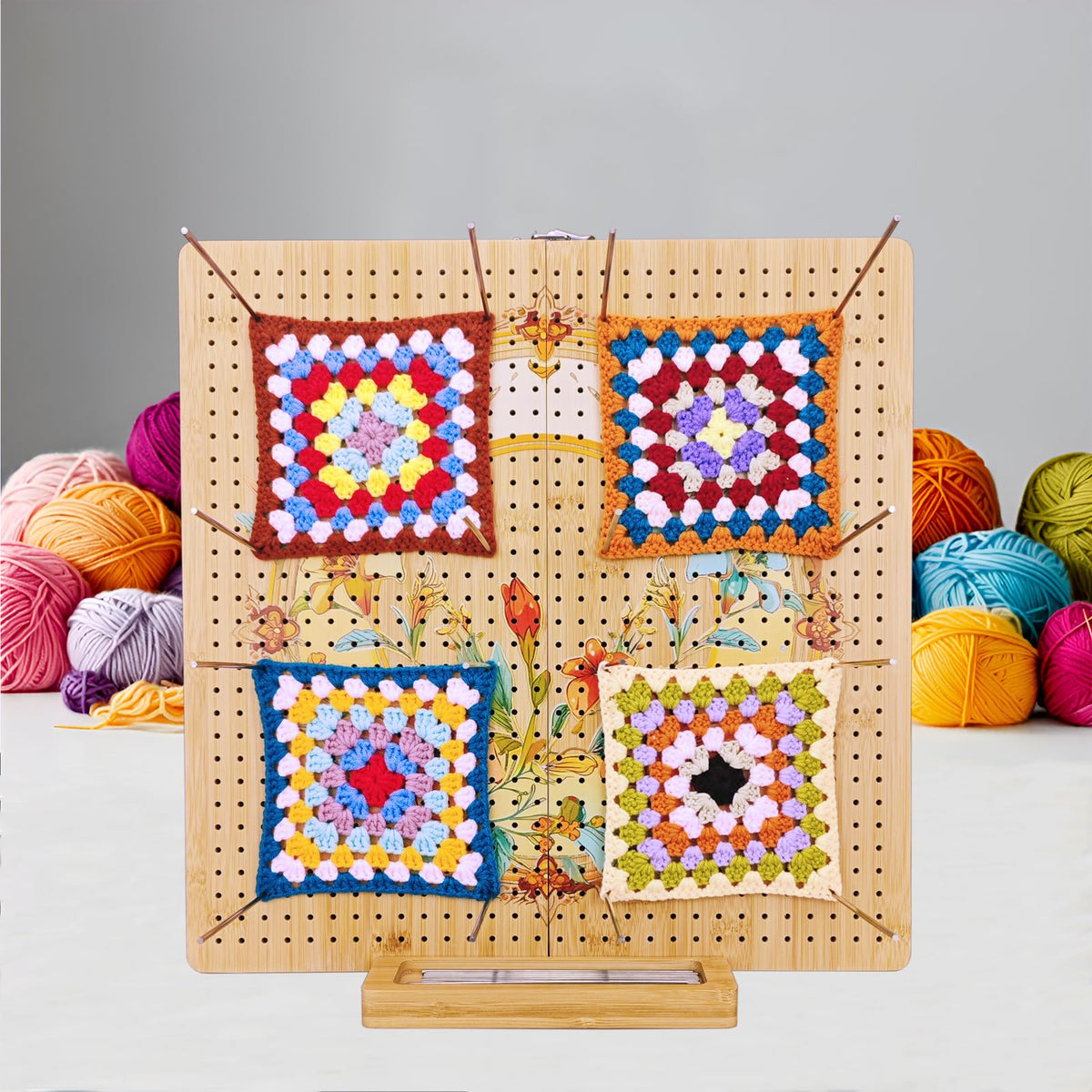 16"x16" Foldable Crochet Blocking Board with 36 Pcs Stainless Steel Rods, Floral Pattern Large Blocking Boards for Crochet Projects, Bamboo Granny Square Blocking Boards Gifts for Crochets Enthusiasts