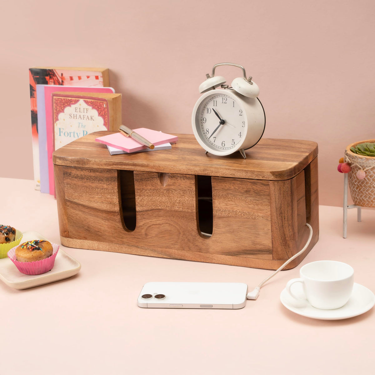 Cable Management Box & Cord Organizer- Cable Organizer for Desk, Home, Office. Hides Wires, Surge Protectors, Power Strips. Eco Friendly Mango Wood Cord Management Solution (Natural Acacia)