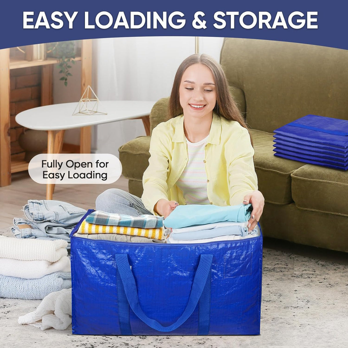 TICONN Extra Large Moving Bags - Heavy Duty Storage with Zippers & Handles | 6 Pack, Blue
