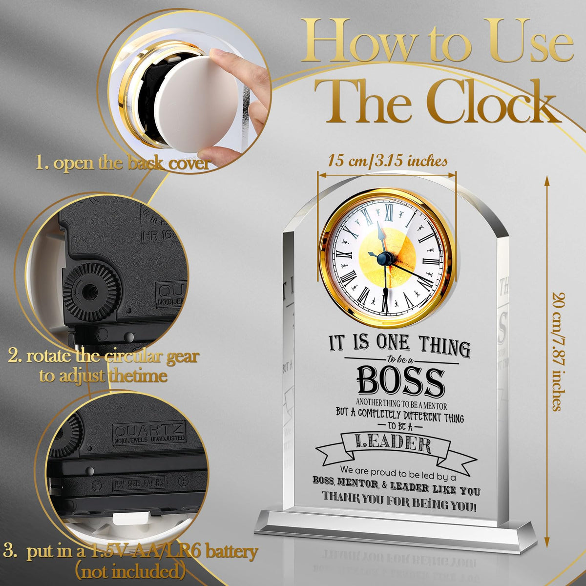 Boss Gifts for Men Acrylic Clock Best Boss Gifts for Men Women Appreciation Clock for Office Leader Manager Going Away Gift Acrylic Desk Sign for Women Lady Male Leader Idea Home Desk Table Decor