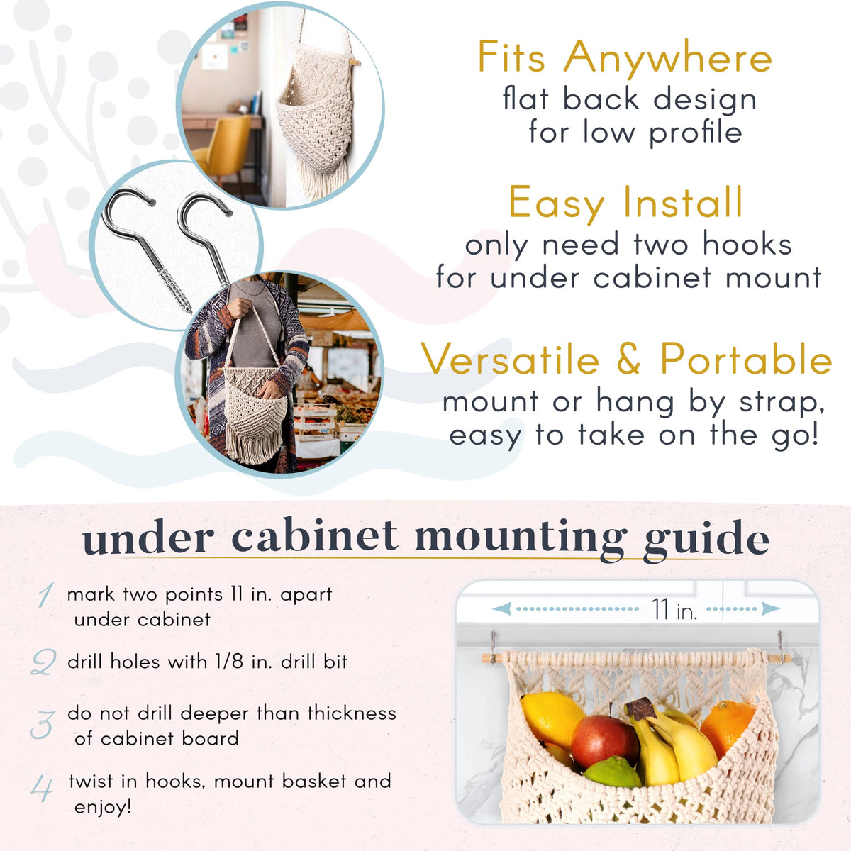 Macrame Fruit Basket, Vegetable and Fruit Hammock for Kitchen Under Cabinet - Hanging Wall Decor, Boho Baskets for Storage, Counter Space Saver - Cotton, Off White