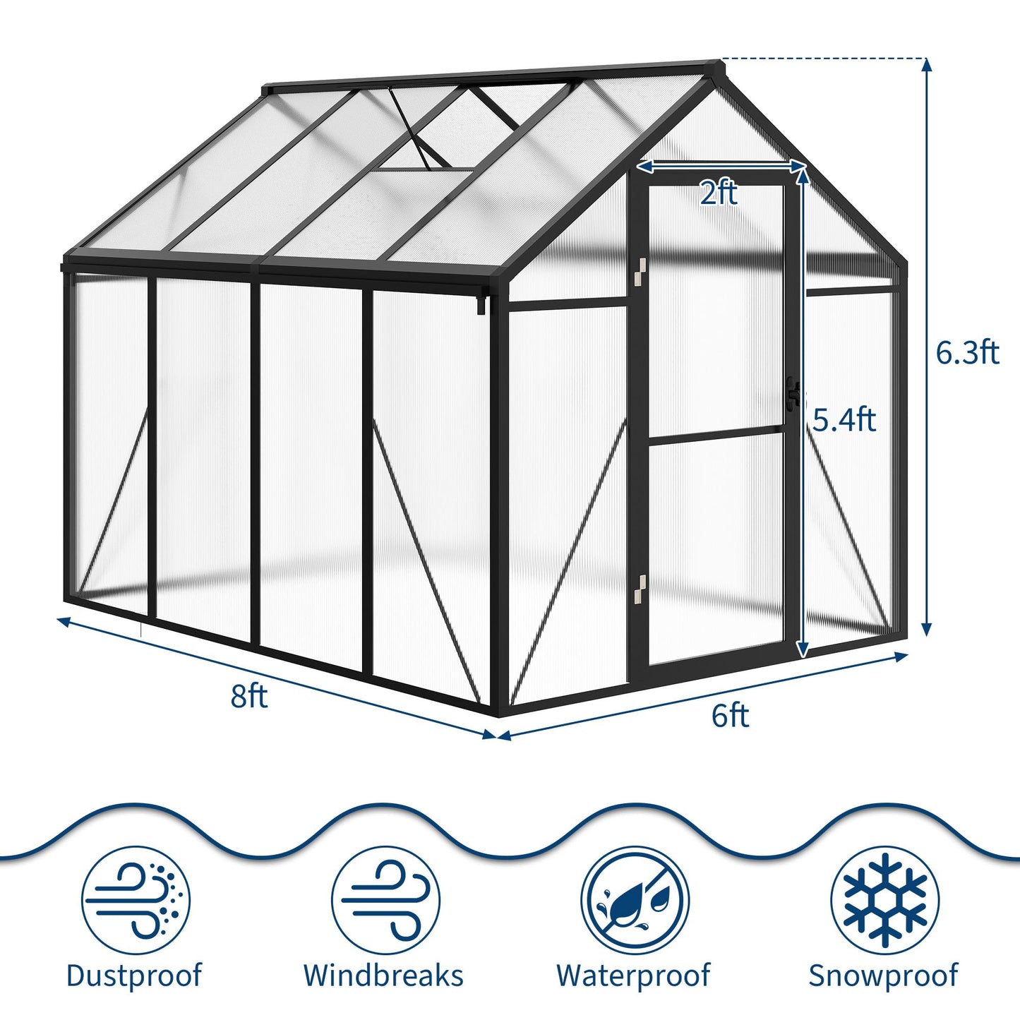 IDEALHOUSE 6×8 FT Greenhouse, Large Walk in Greenhouses for Outdoors and Garden Planting, Polycarbonate Greenhouse with Enhanced Aluminum Frame, Green Houses with Quick Setup Structure and Roof Vent