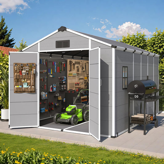 MELLCOM 8 x 12 FT Plastic Outdoor Storage Shed with Floor, Outdoor Resin Storage Tool Shed with Windows and Lockable Door, Resin Garden Shed for Lawnmower, Bike, Garbage Can